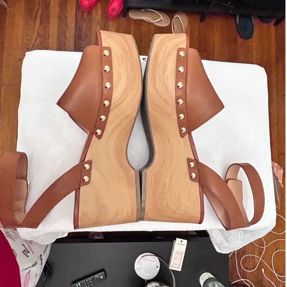 Marc Fisher Cognac Diona Leather Platform Faux Wood Wedge Sandals - Size 9.5 - Picture 4 of 7